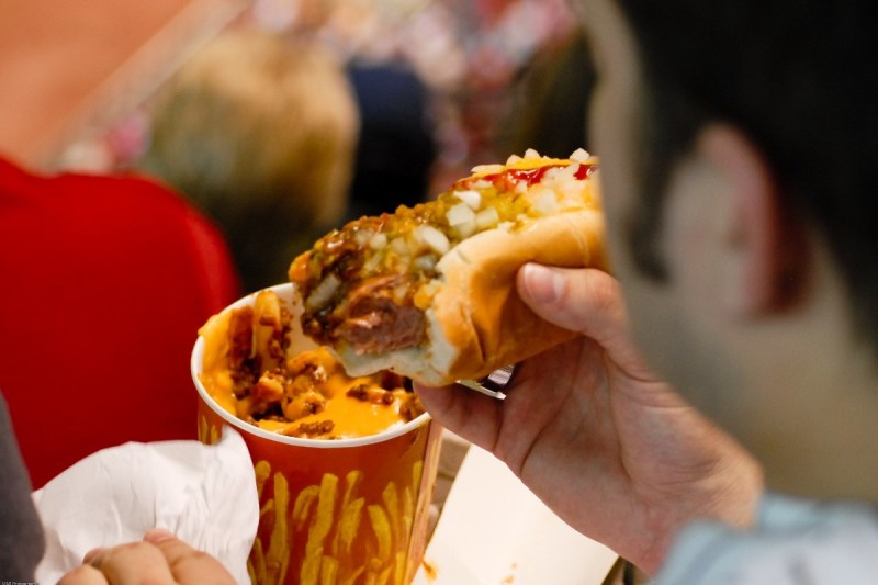Baseball food — chili dog and chili fries.