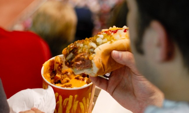 Baseball food — chili dog and chili fries.