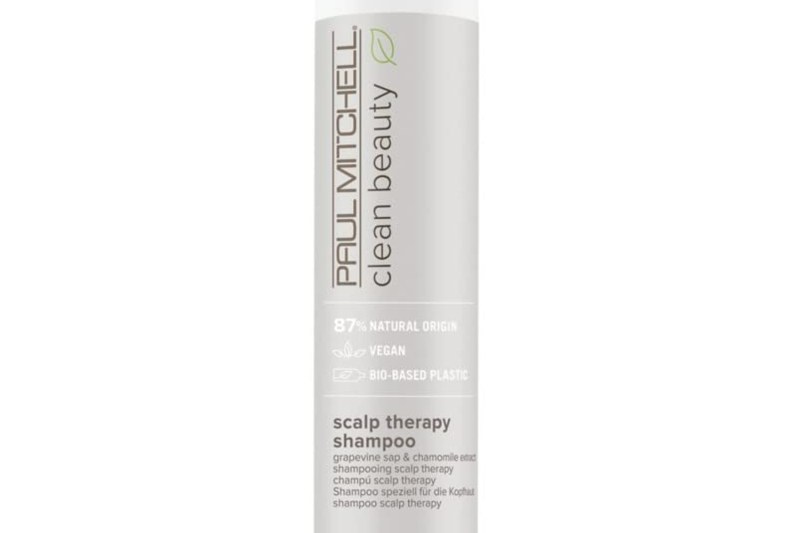 A close-up of a bottle of Paul Mitchell Clean Beauty Scalp Therapy Shampoo.