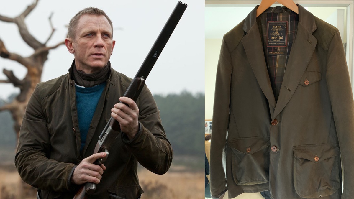 A photo of Daniel Craig as James Bond next to a photo of an olive green coat