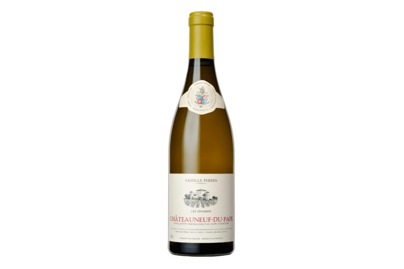 A bottle of Family Perrin CDP white wine bottle.