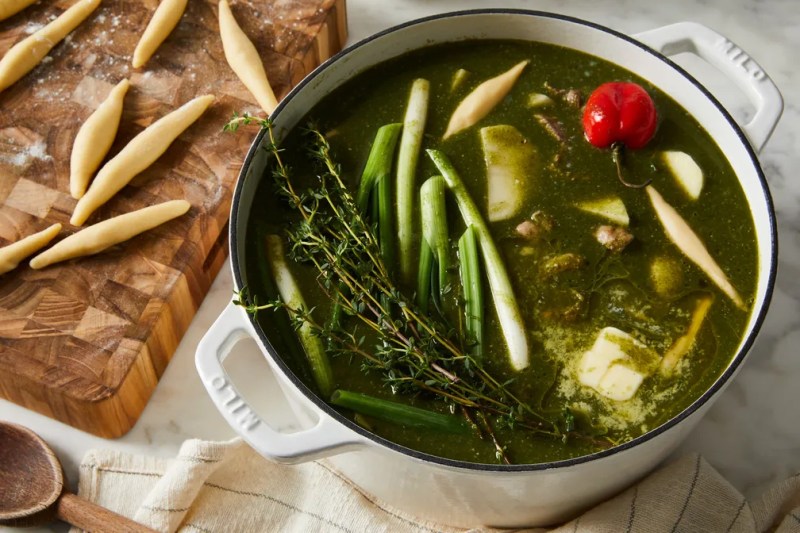 A cauldron of pepper pot soup.