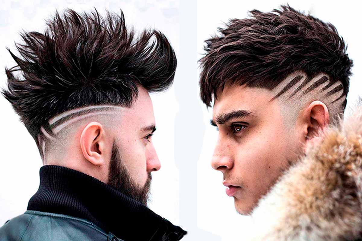 Two men with designs shaved into their hair.