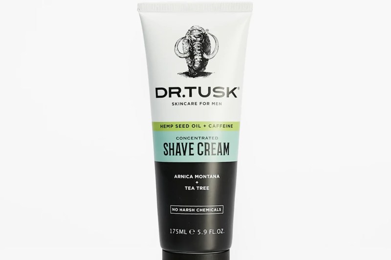 A close-up of a tube of Dr. Tusk Concentrated Shave Cream.