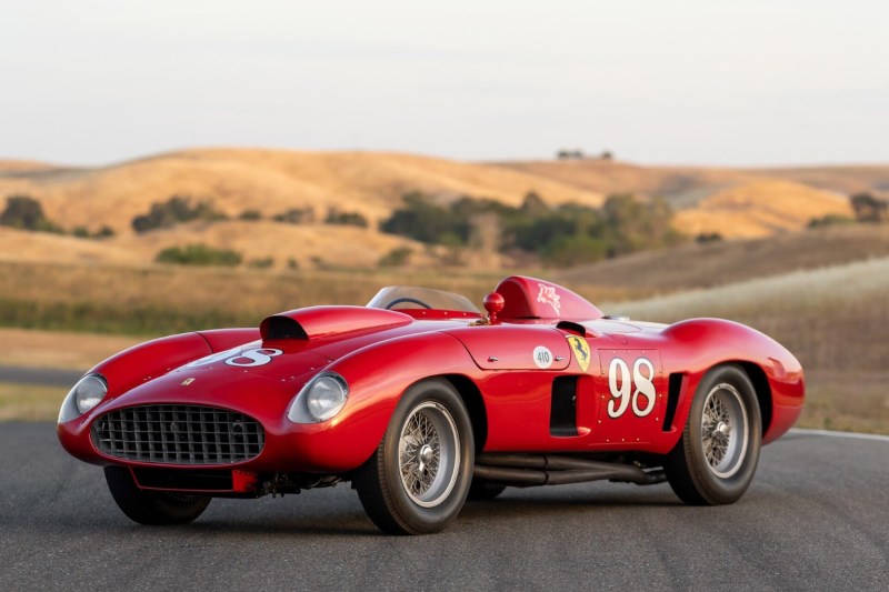1955 Ferrari 410 Sport Spider front end angle from driver's side parked in front of rolling brown hills.
