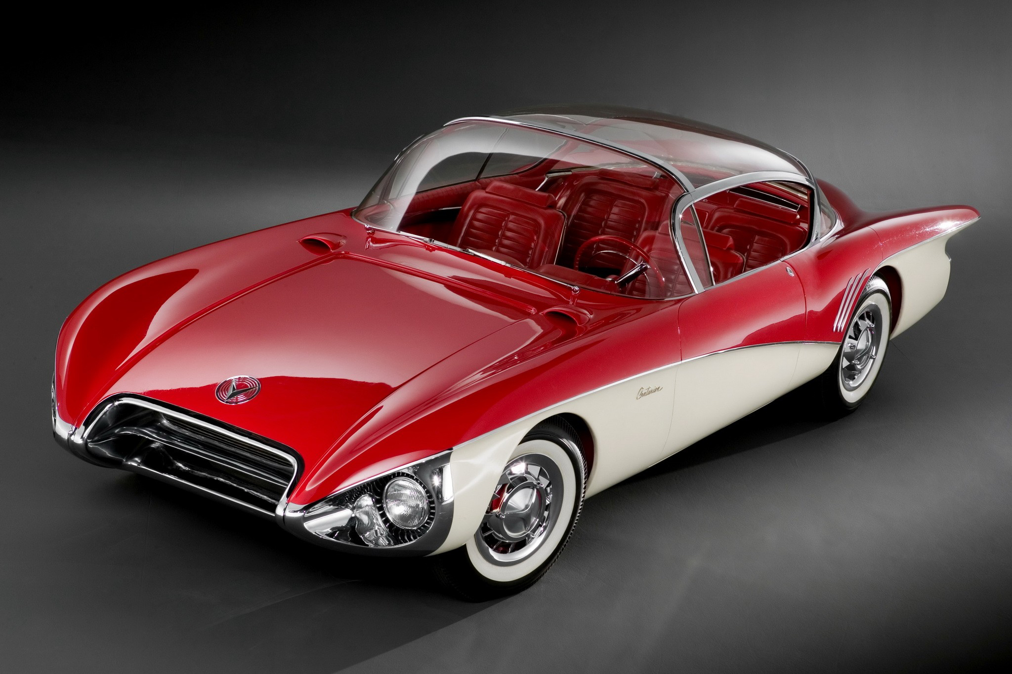 1956 Buick Centurion front end angle from driver's side overhead photo in front of a gray floor.