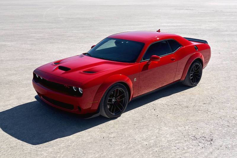 2022 Dodge Challenger R:T Scat Pack Wide Body front end angle overhead shot of the car parked on a salt flat.
