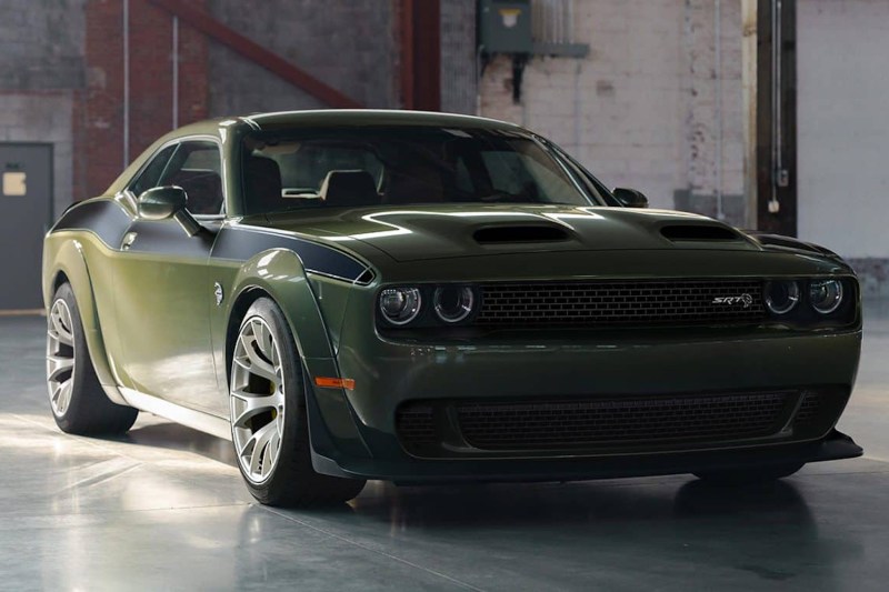2022 Dodge Challenger SRT Jailbreak front end angle from passenger side parked in a garage.