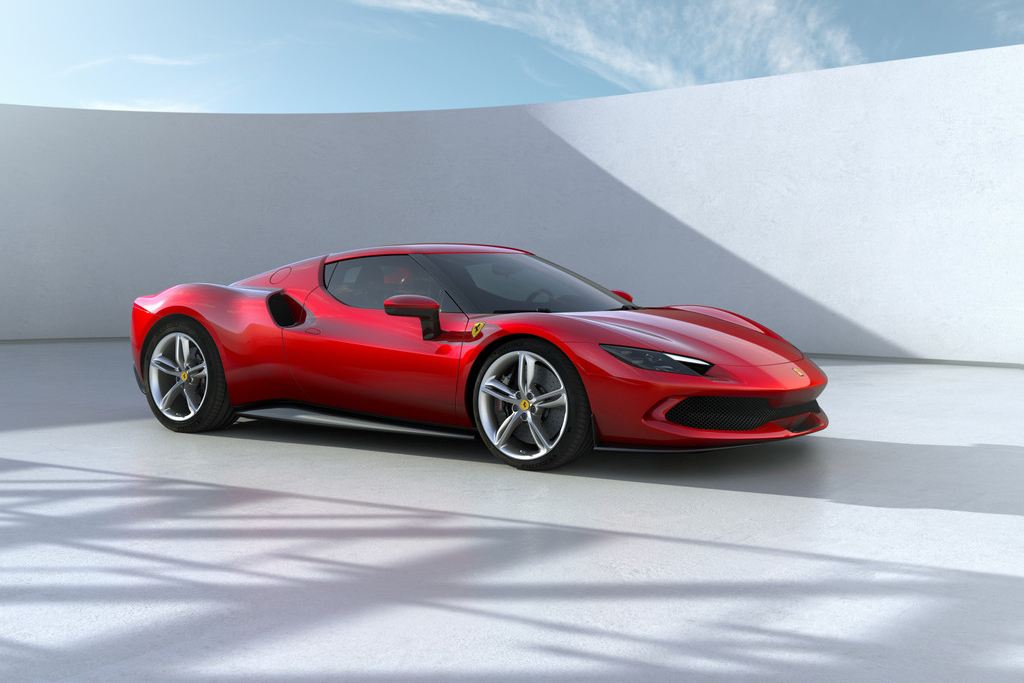 Front end angle of 2023 Ferrari 296 GTB rendering with white walls in the back.