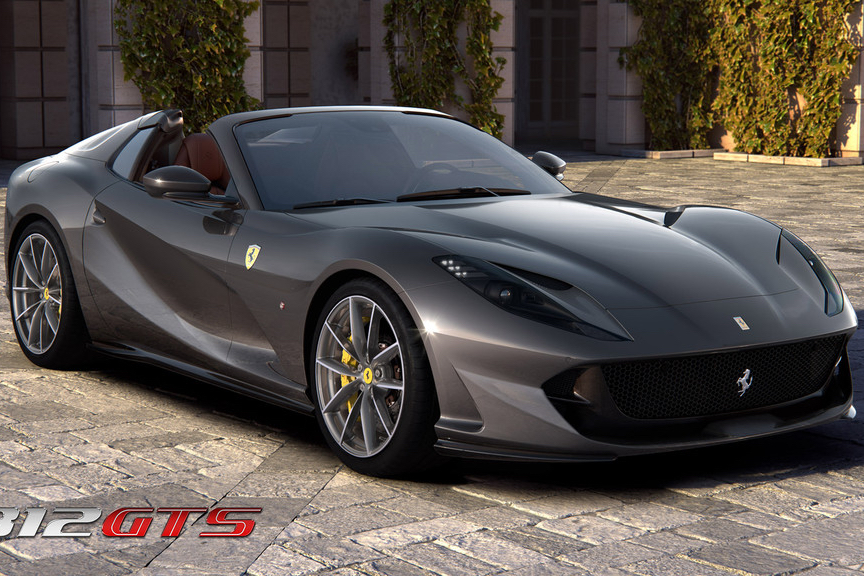 2023 Ferrari 812 GTS rendering parked on a stone path with stone building in the back.