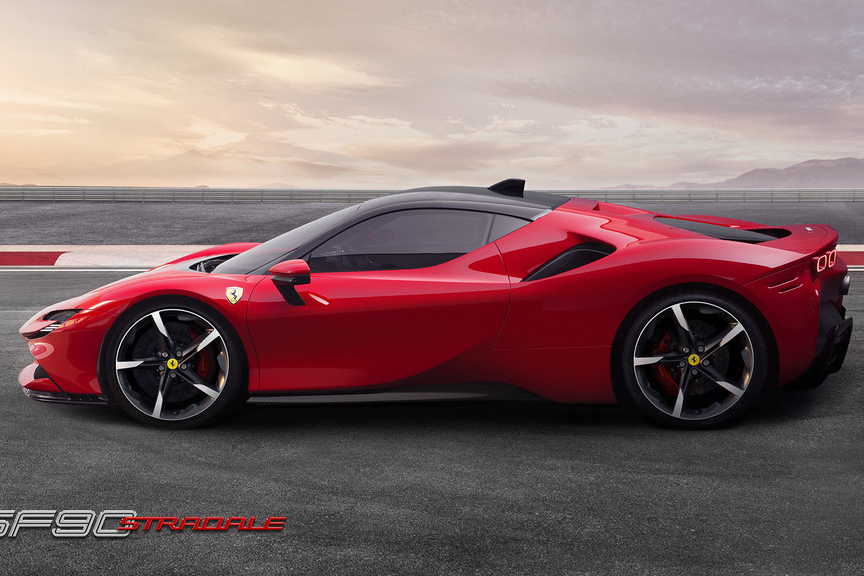 Side profile of 2023 Ferrari SF90 Stradale parked on a race track during a sunset.