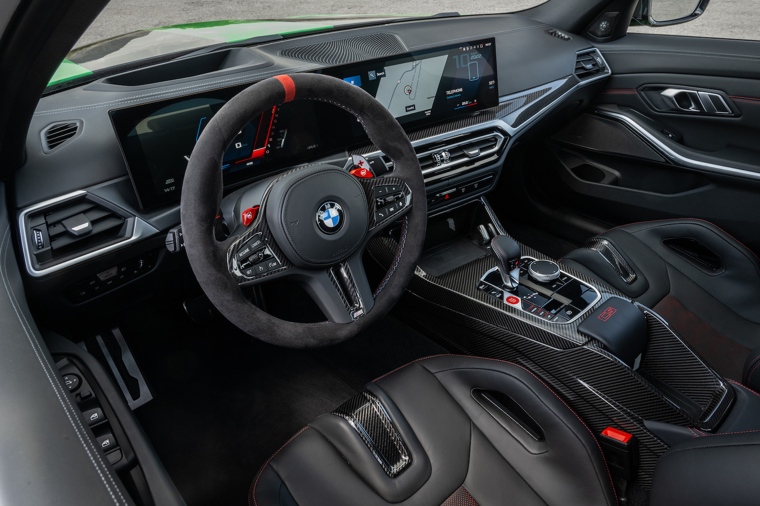 Close up of steering wheel in 2024 BMW M3 CS front outside the vehicle.