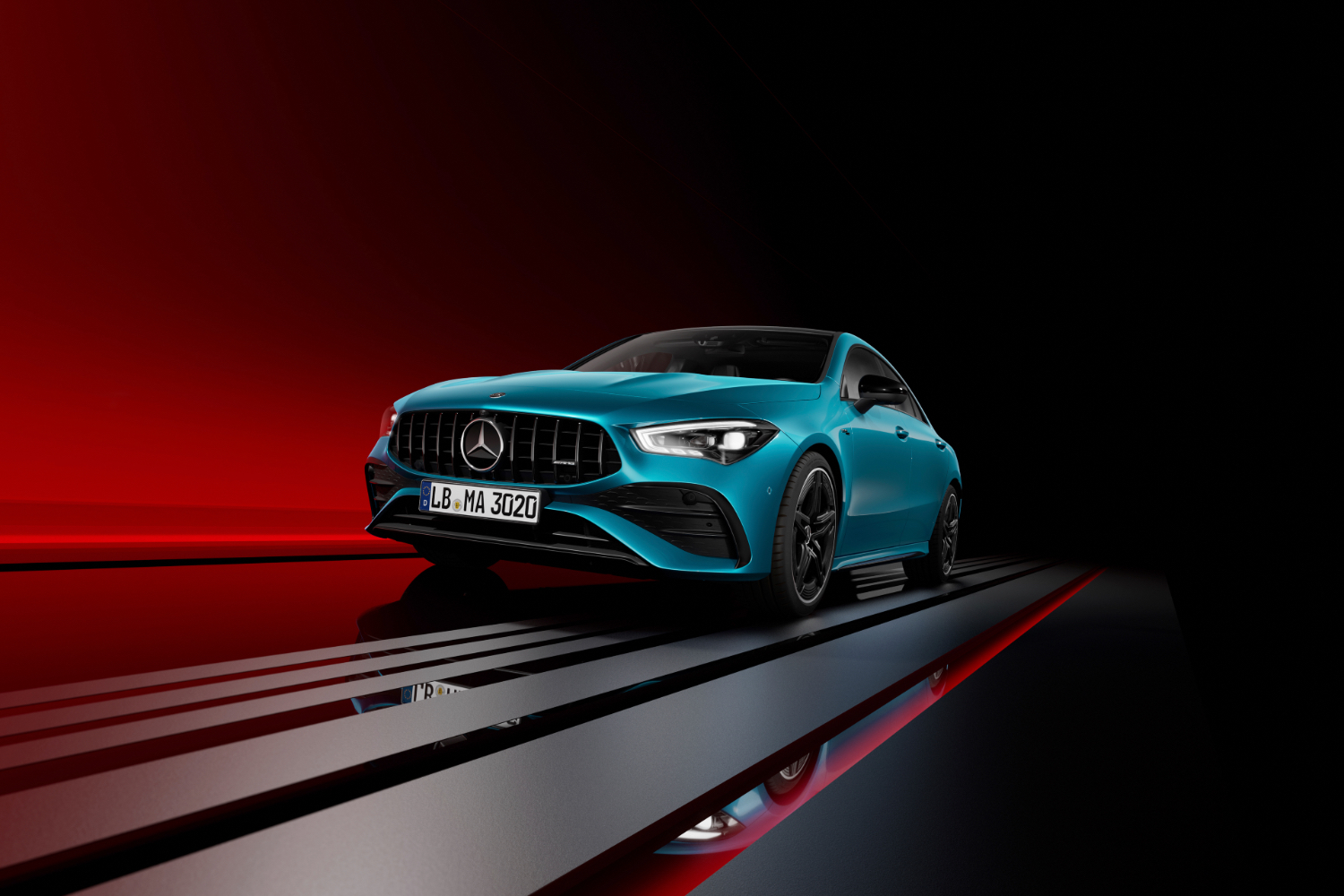 Front end angle of 2024 Mercedes-Benz CLA from driver's side rendering with black and red in the back.