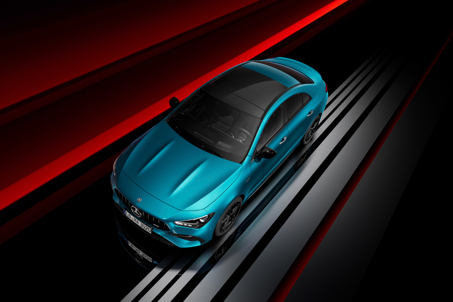 Overhead image of 2024 Mercedes-Benz CLA rendering with red and back in the background.