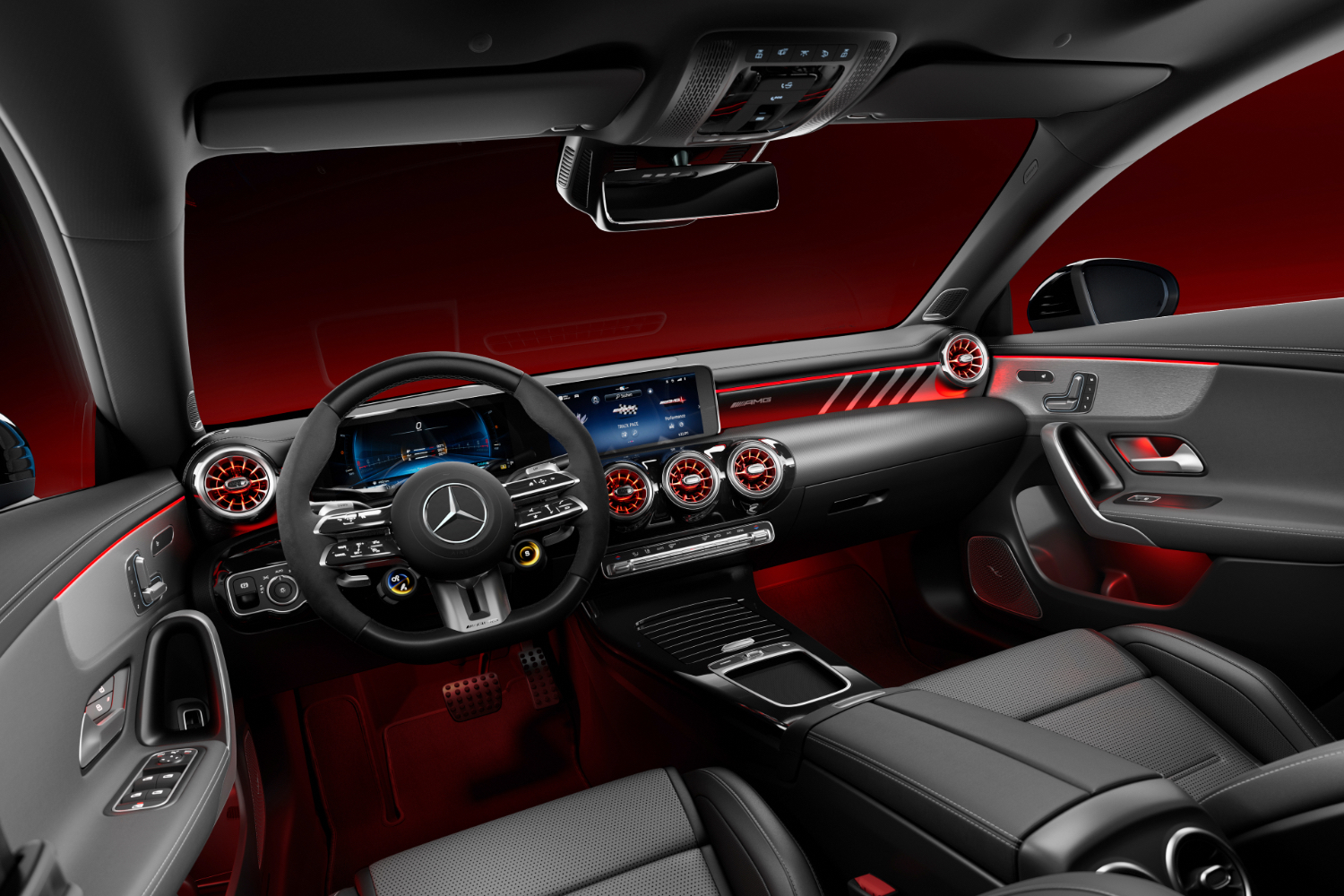 2024 Mercedes-Benz CLA dashboard close up of steering wheel and screens.