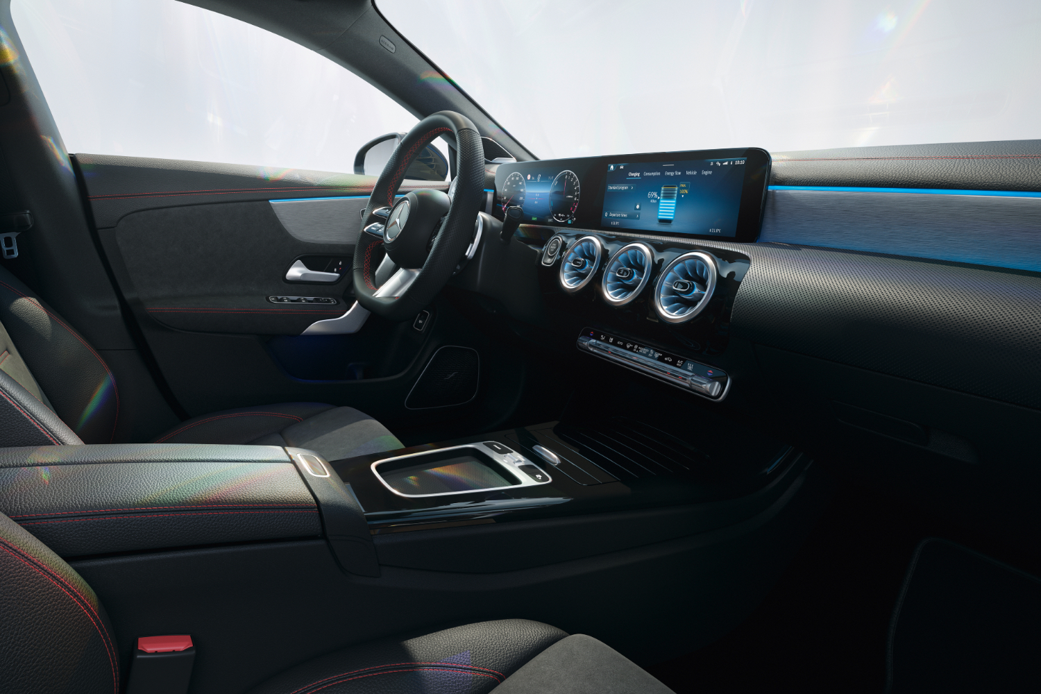 2024 Mercedes-Benz CLA close up of front end dashboard and steering wheel from passenger side.