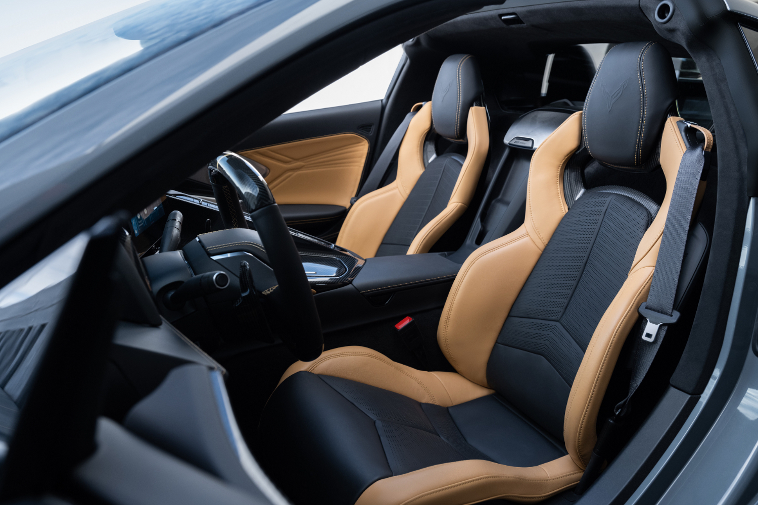 Seats in the 2024 Chevrolet Corvette E-Ray from outside the vehicle with driver's door open.