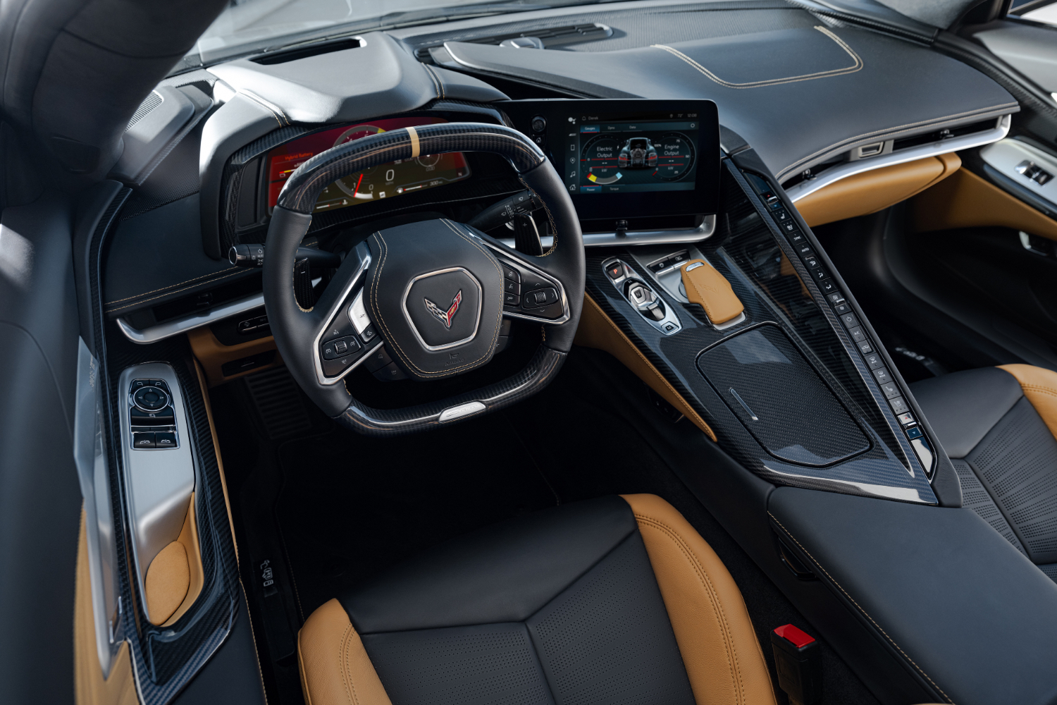 Close up of steering wheel and dashboard in the 2024 Chevrolet Corvette E-Ray.