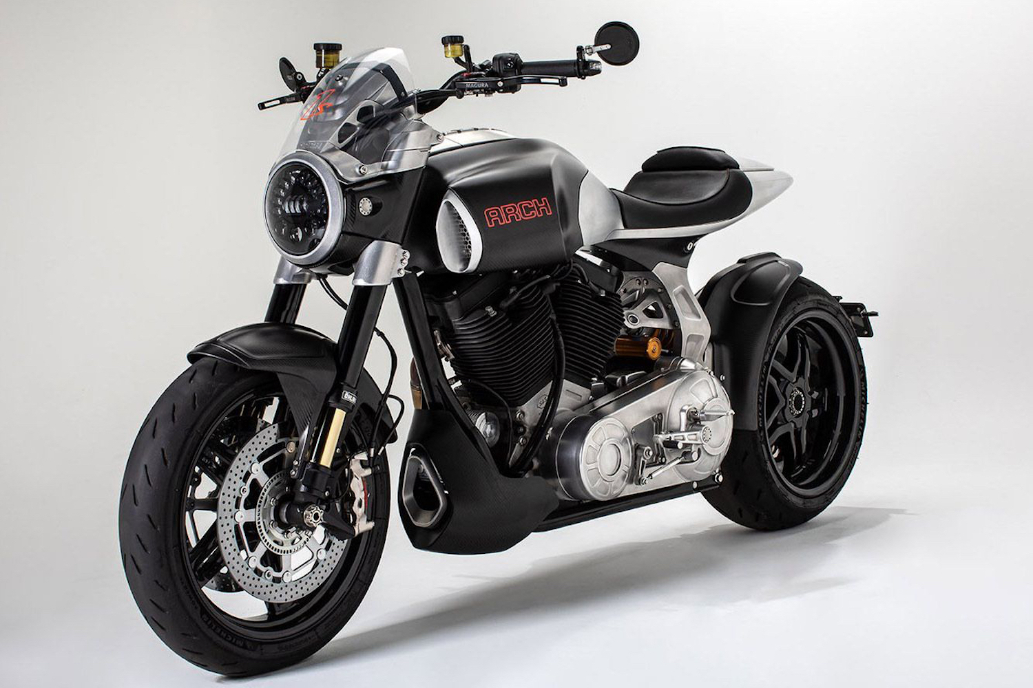 Front end angle of Arch Motorcycle 1s in front of a white background.