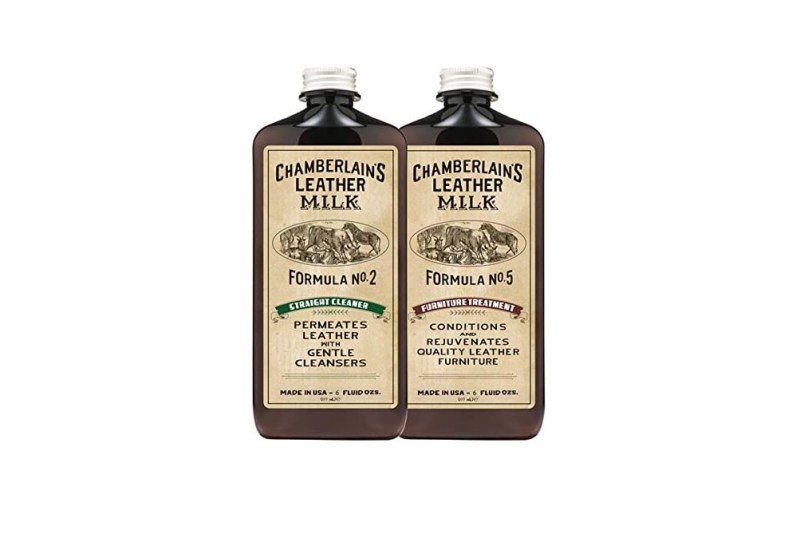 Chamberlains Leather Milk Cleaner and Conditioner in front of a white background screen.