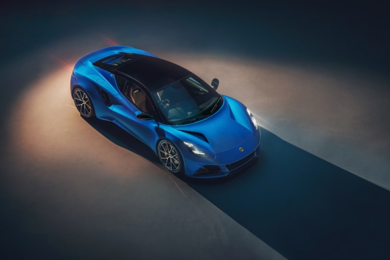 2023 Lotus Emira front end overhead shot with studio lighting in the back.