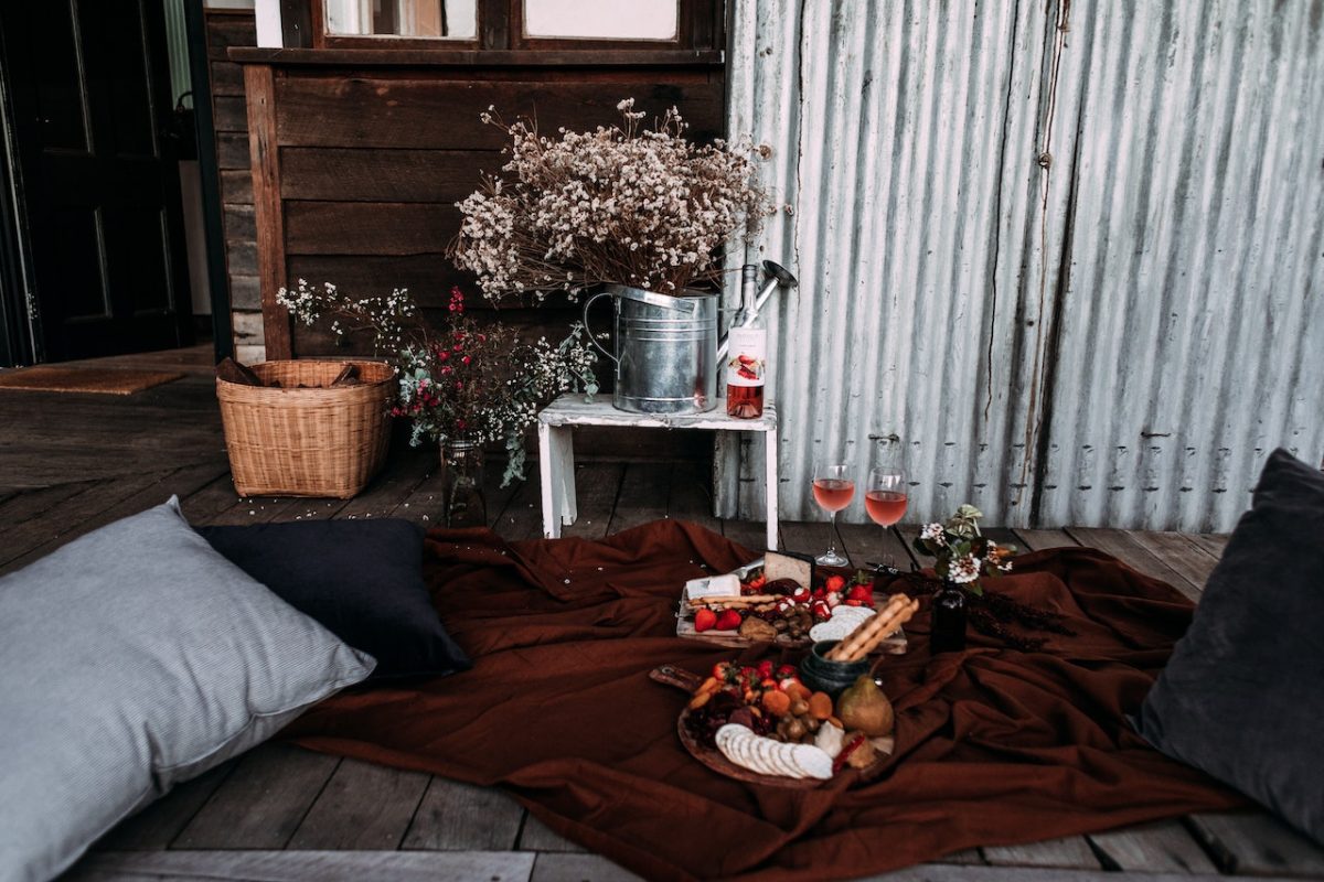 A romantic date night set up in the living room.