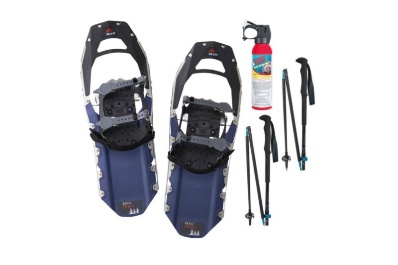 Flat lay of snowshoe gear rental package from RightOnTrek.