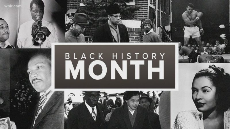A picture of the words "Black History Month" with Black historical figures.
