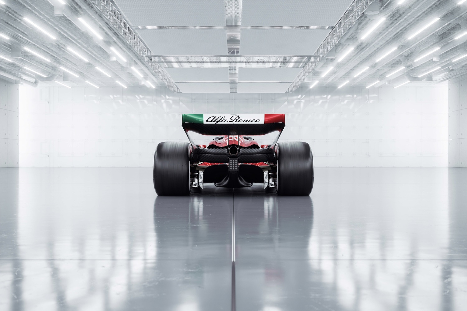 2023 Alfa Romeo F1 C43 rear end close up in a studio with bright studio lighting.