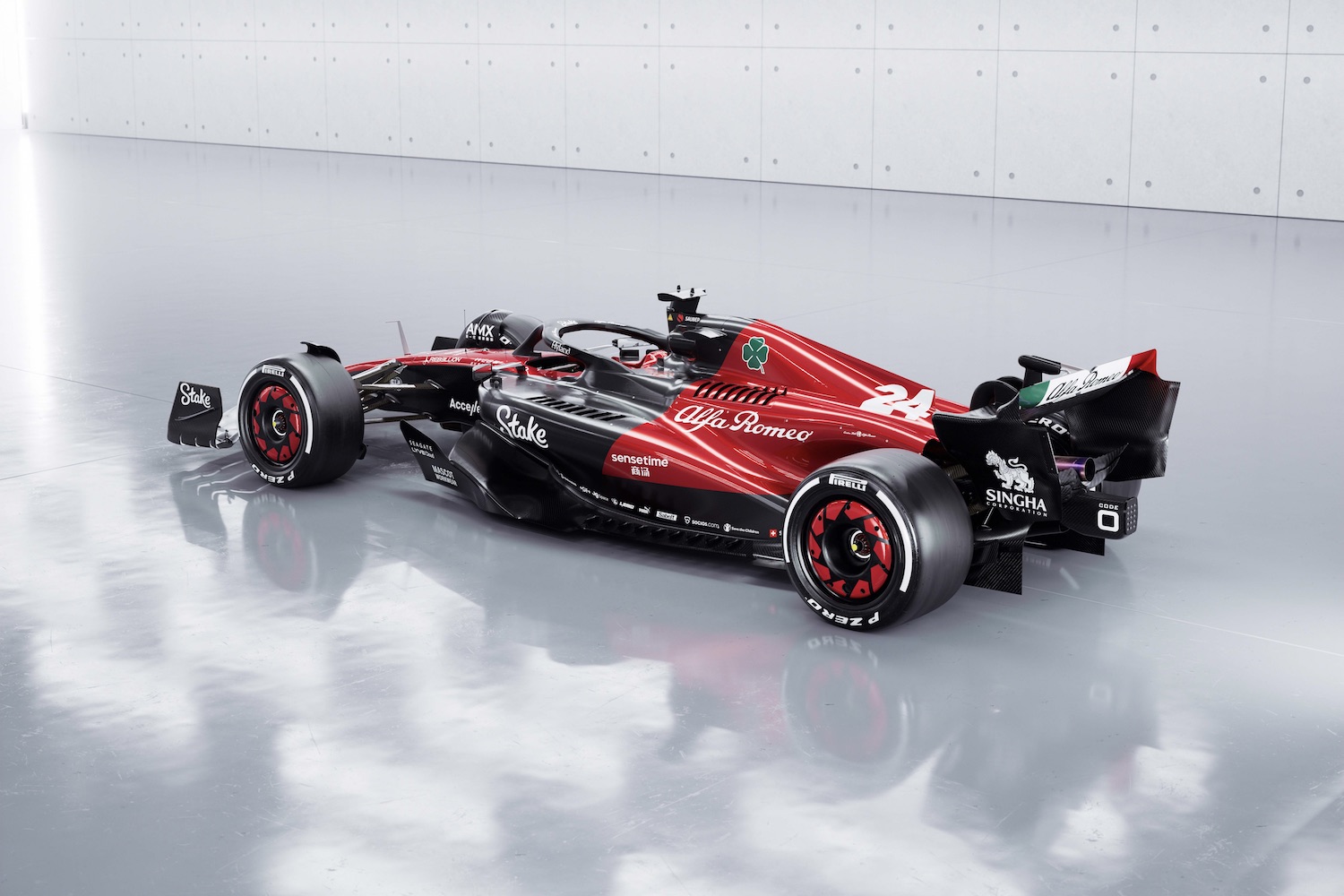 Rear end overhead shot of the 2023 Alfa Romeo F1 C43 show car in a studio with bright studio lighting.