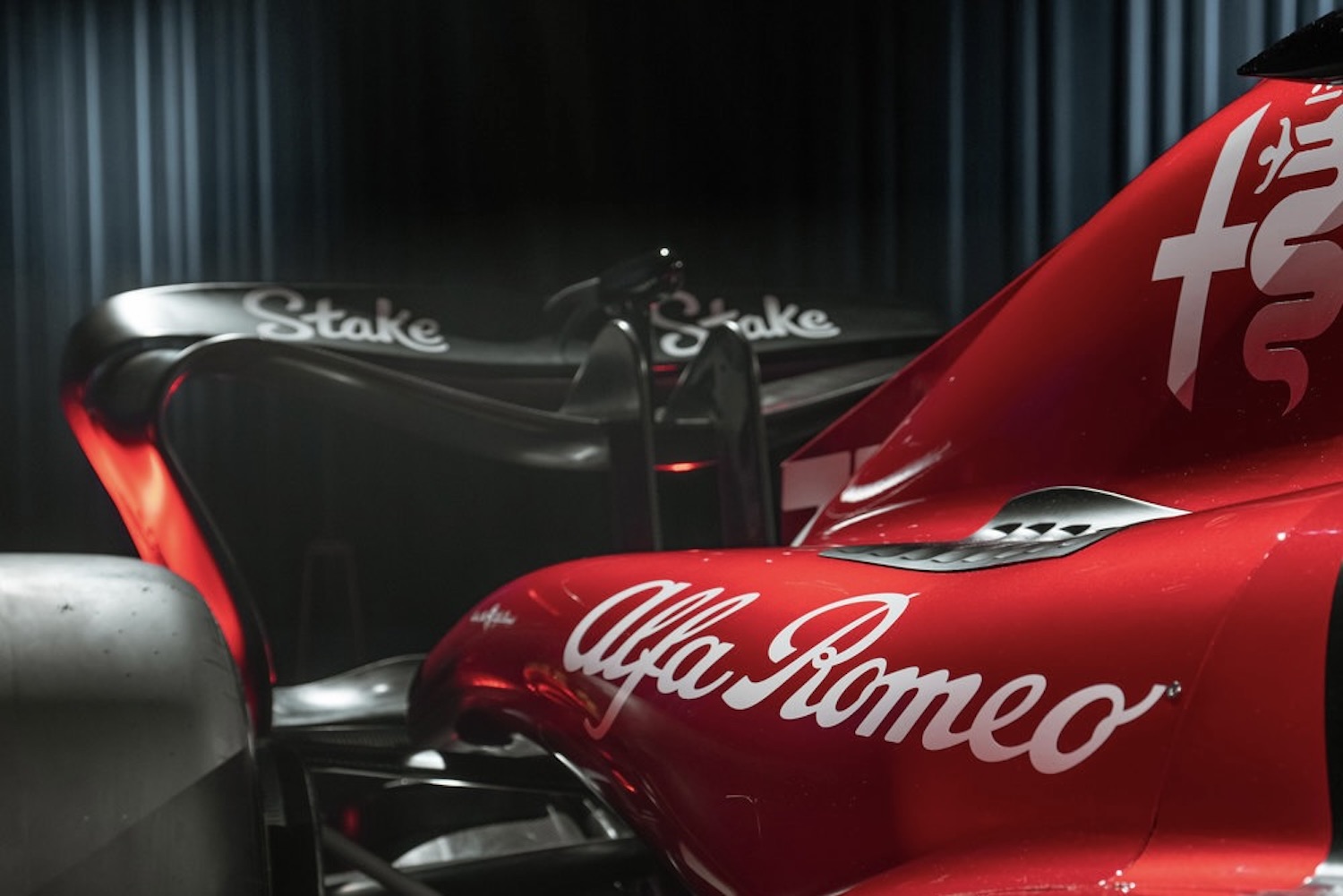 Close up of side pod and rear wing on the 2023 Alfa Romeo F1 C43 show car.