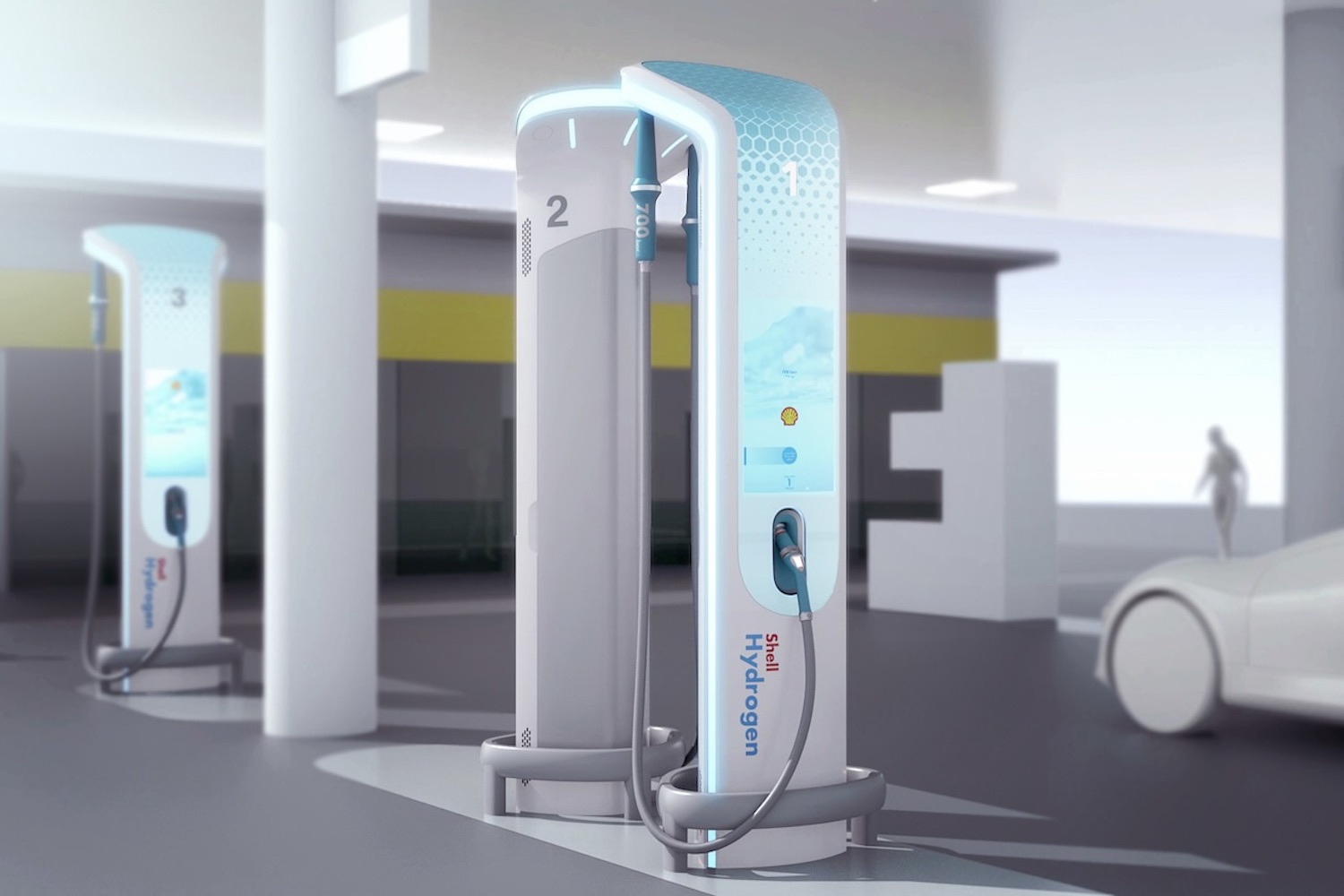 EV charging stations rendering by BMW Designworks in a fictitious parking garage.
