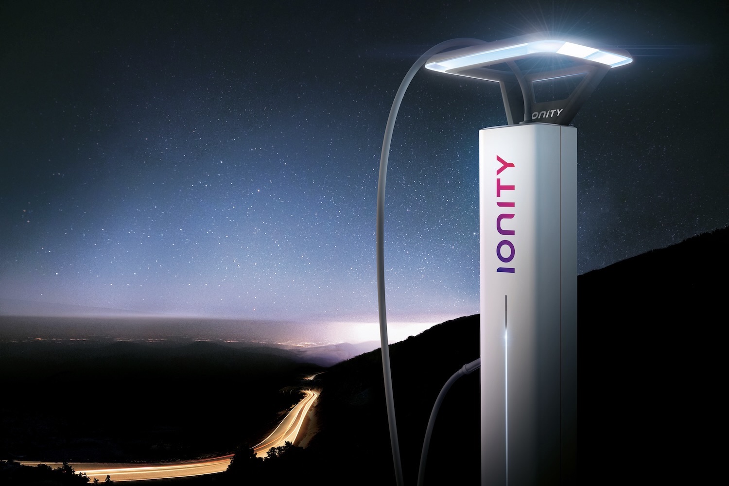 Ionity EV charging station by BMW Designworks render with a busy street in the back during sunset.