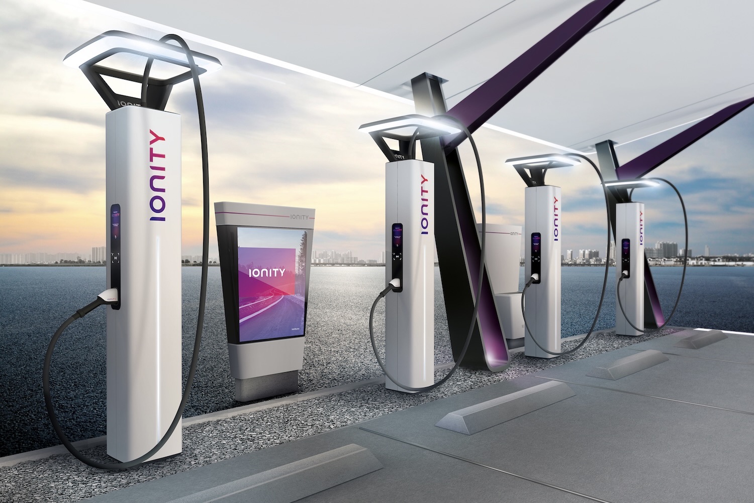 Ionity charging station rendered by BMW Designworks with clouds in the back.
