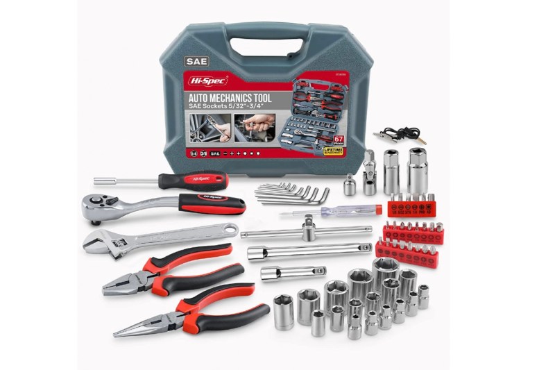 Hi-Spec Tool Kit 67-piece SAE tool set in front of a white screen.