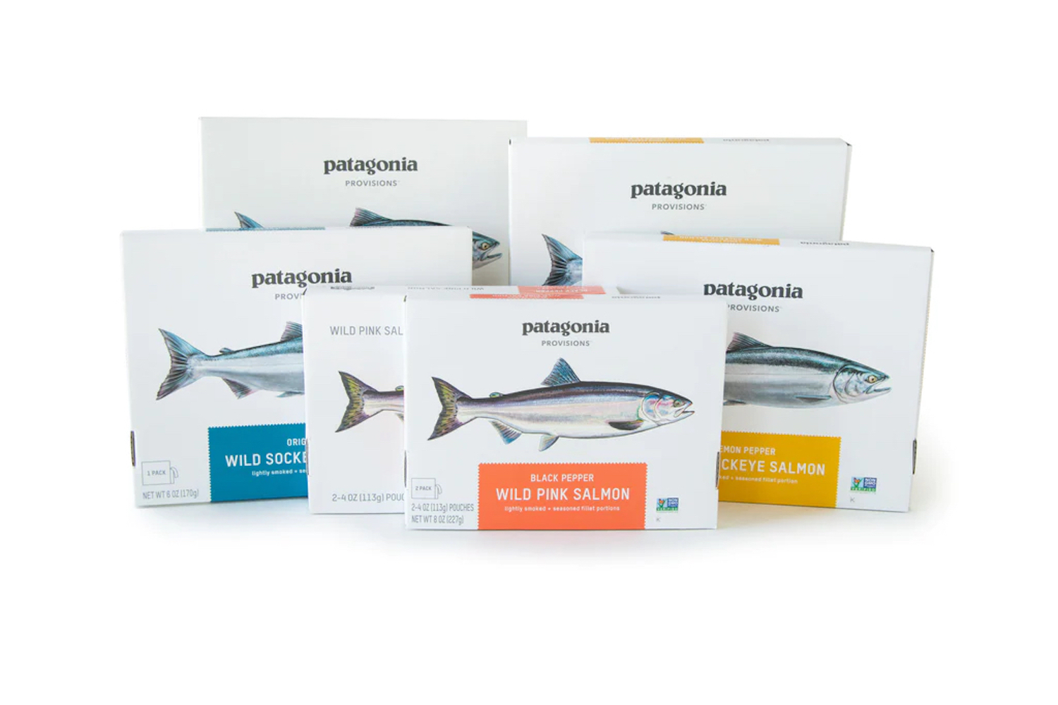 Patagonia Provisions Salmon six-pack positioned in front of a white screen.