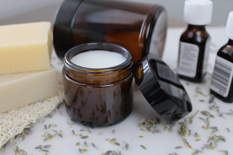 Skincare products on a counter