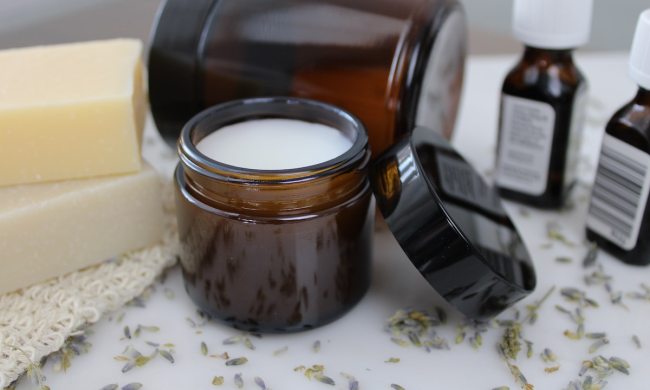 Skincare products on a counter