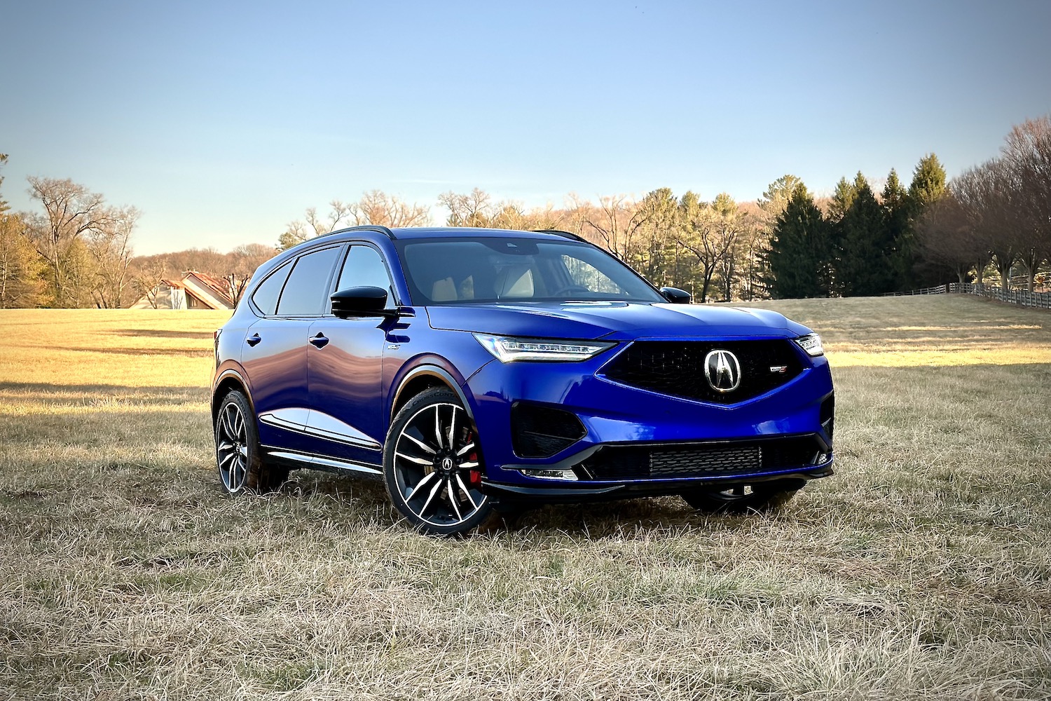 Front end angle of the 2022 Acura MDX Type S from the passenger's side in a hay field.