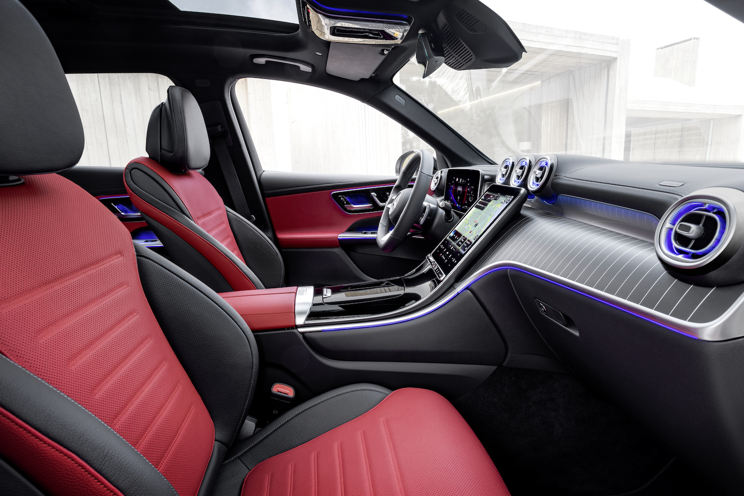 Side profile of front seats in the 2023 Mercedes-Benz GLC from outside the SUV.