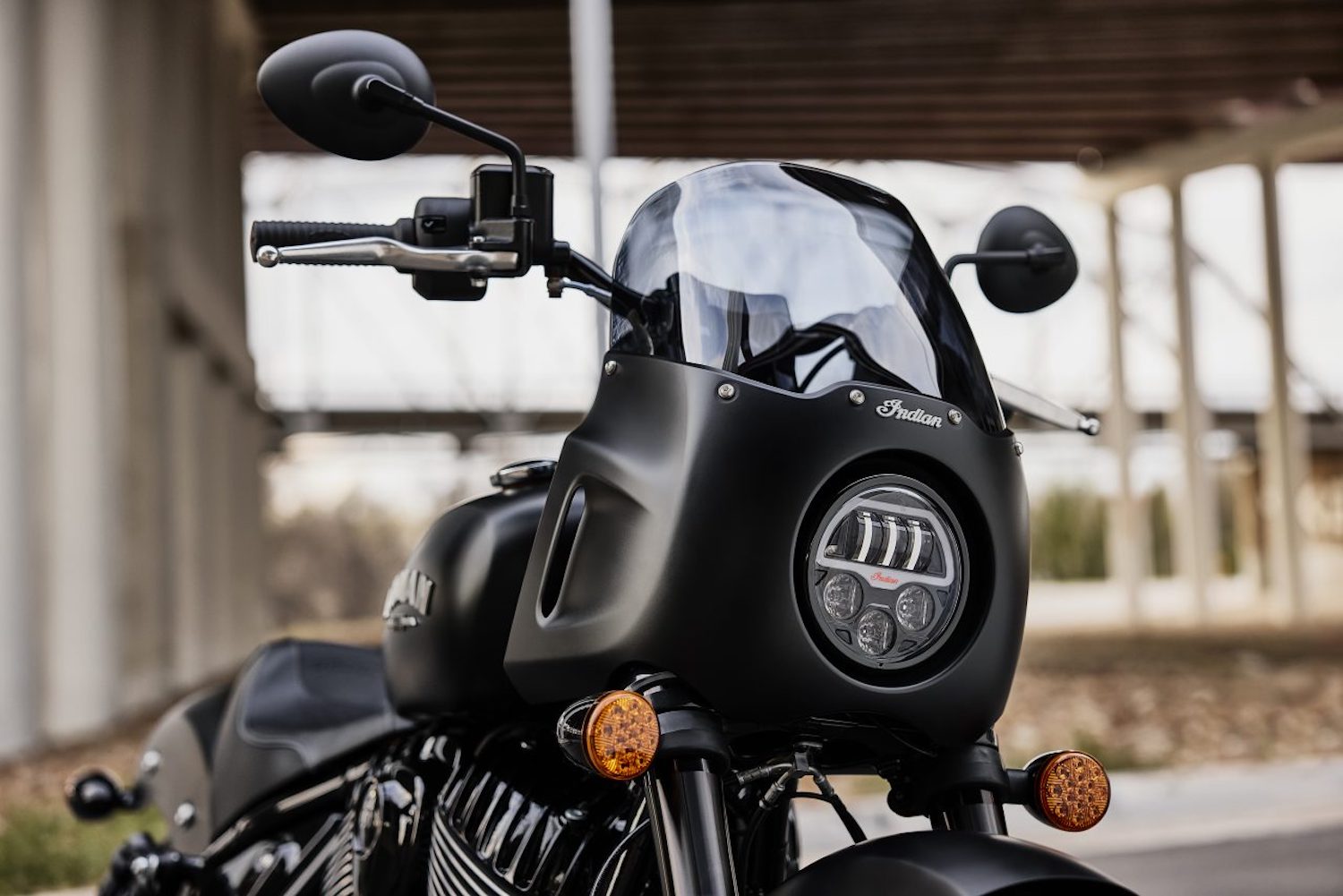 Close up of quarter fairing on the 2023 Indian Sport Chief with an underpass in the back.