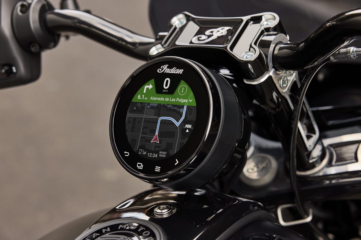 Close up of 4-inch touchscreen on the 2023 Indian Sport Chief with a map on the display.
