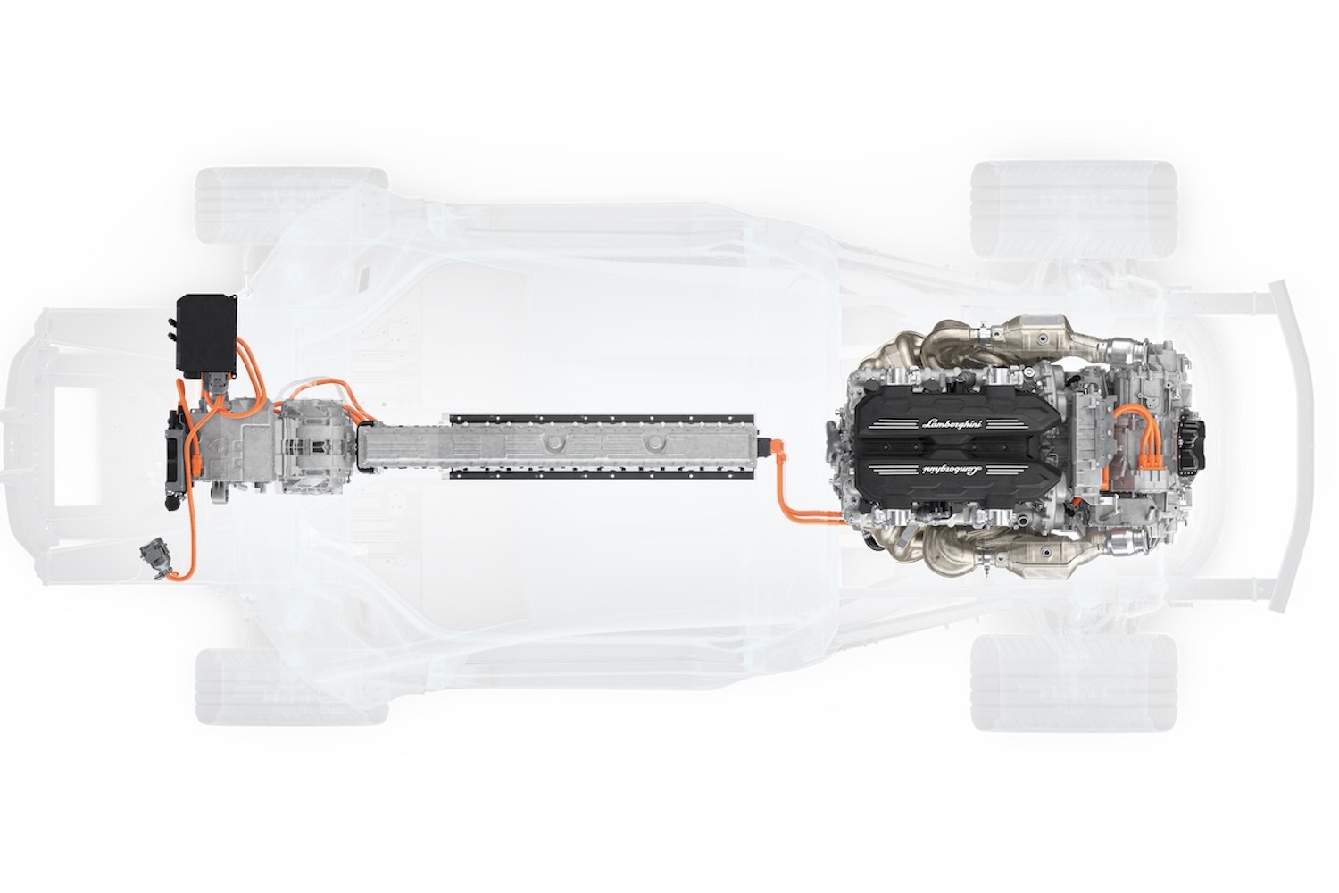 Overhead rendering of the Lamborghini LB744 PHEV Powertrain in a car.