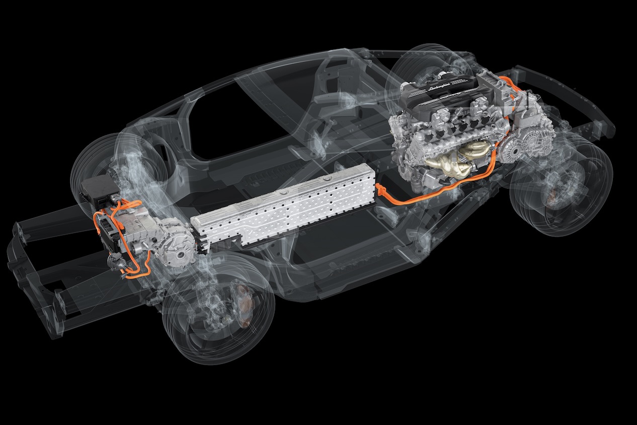 Rendering of the Lamborghini LB744 PHEV Powertrain in a vehicle from overhead with a black background.