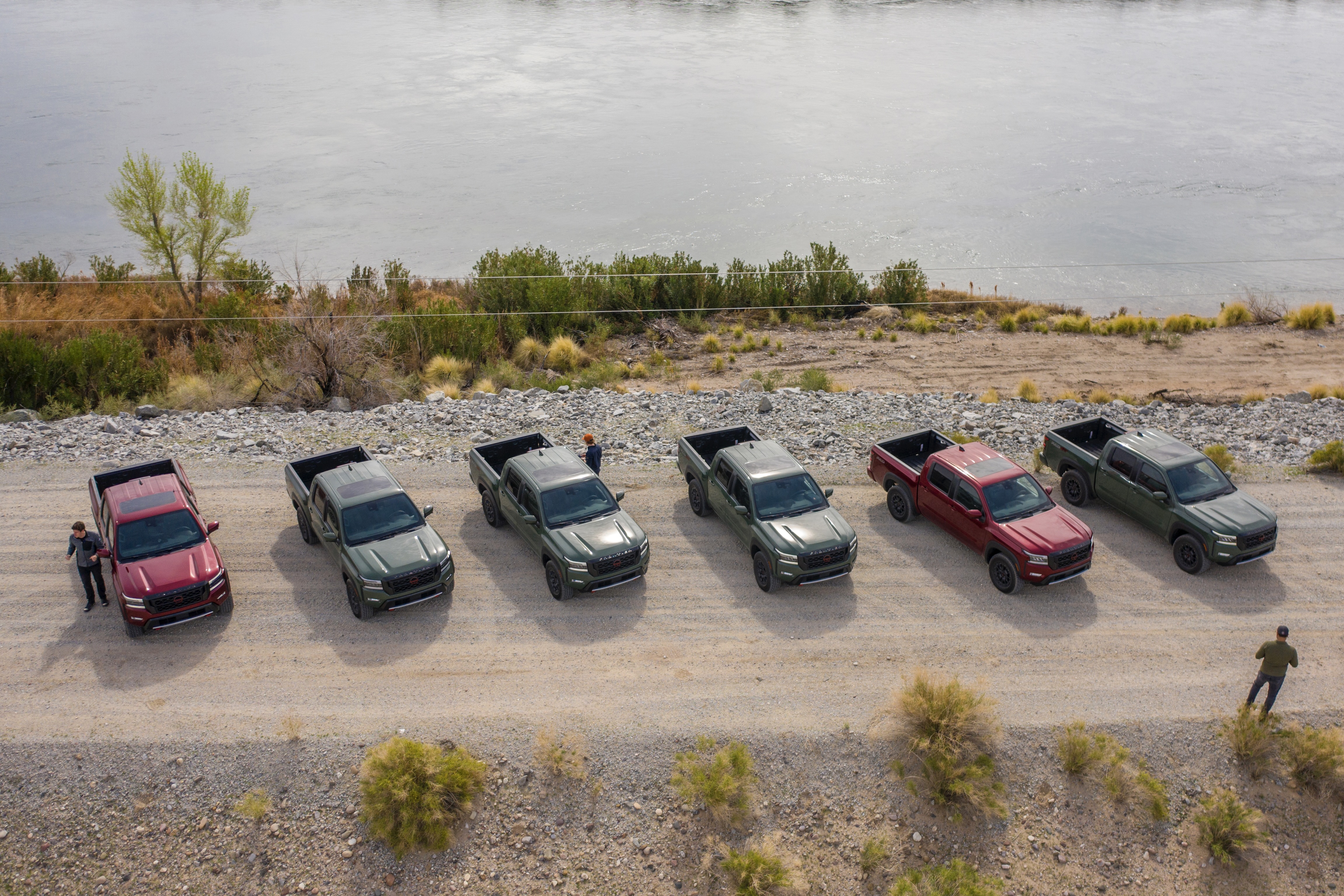 2022 Nissan Frontier Pro-4X parked on the side of the Colorado River from overhead