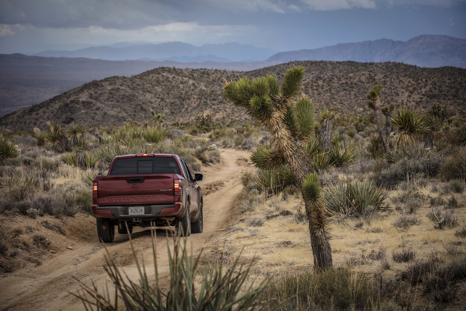 Rear end of the 2022 Nissan Frontier Pro-4X parked on a trail in the desert.