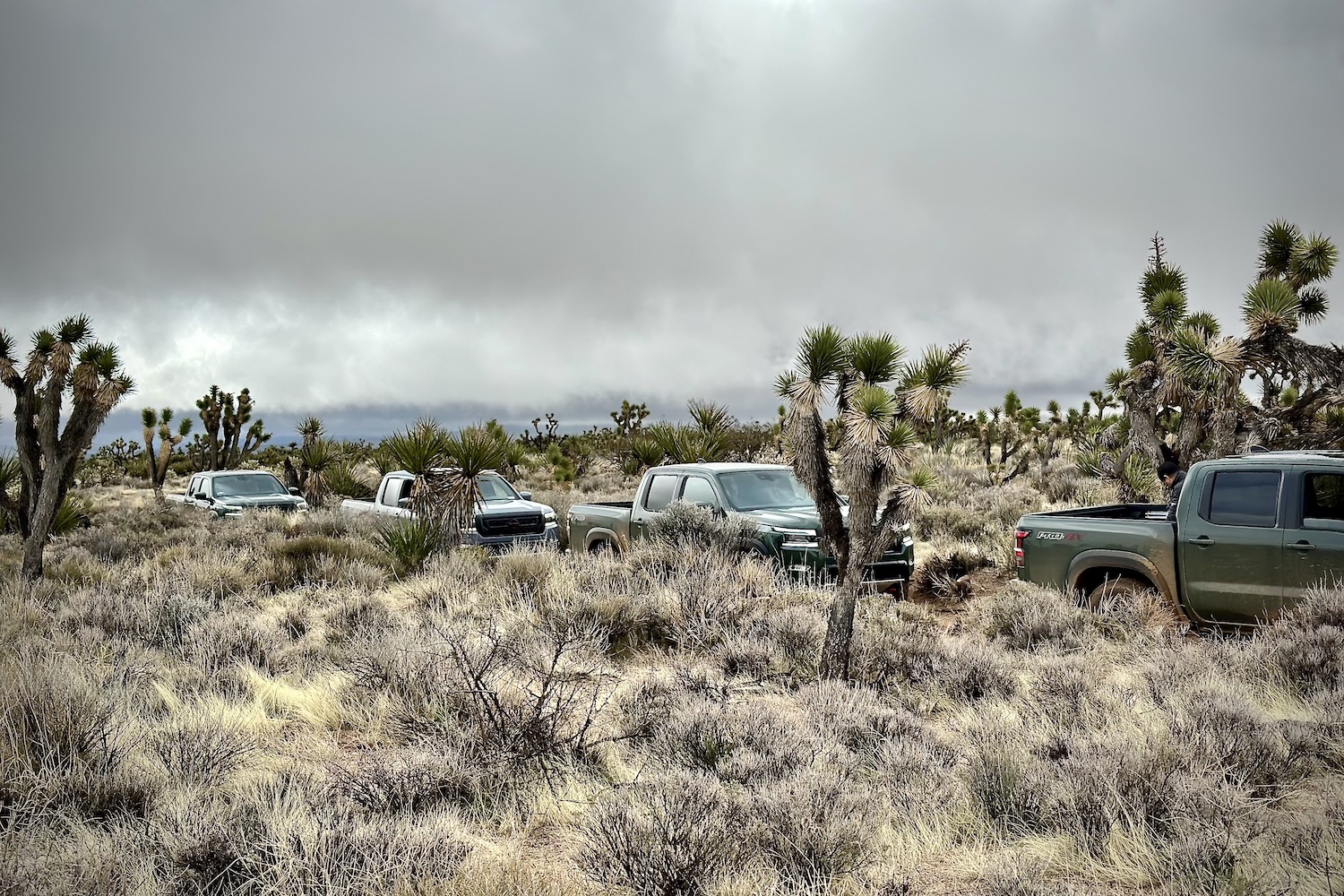 Side profile of the 2022 Nissan Frontier Pro-4X parked in a line on a dirt trail in the middle of the desert.