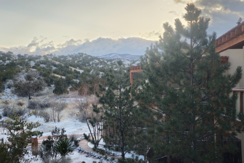 A spectacularly snowy sunrise at the Four Seasons Resort Rancho Encantado Santa Fe in Santa Fe, New Mexico.