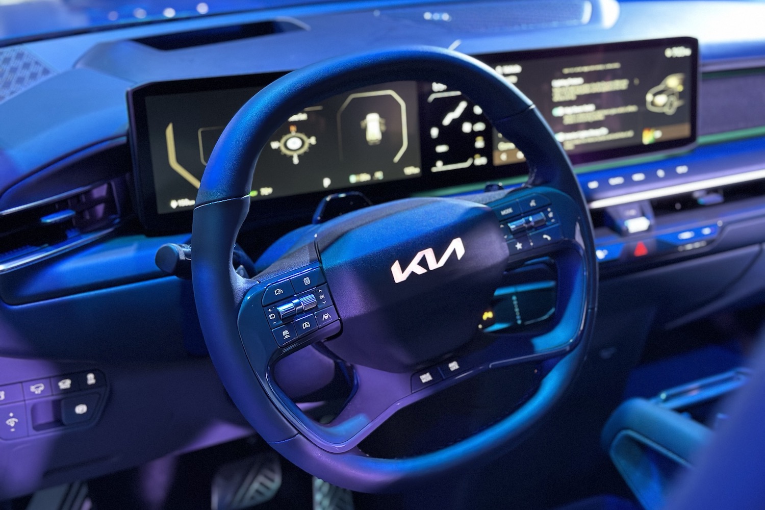 Close up of steering wheel and dashboard in the 2024 Kia EV9.