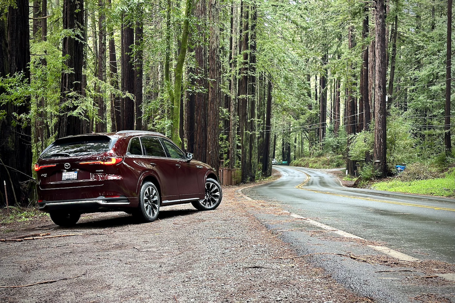 Rear end angle of the 2024 Mazda CX-90 parked on the side of the road in front of trees.